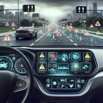 Create a realistic, high-definition image representing the concept of a flaw in an autonomous driving system, as if from a notable technology and car manufacturing company. Specifically, depict a car's dashboard with various screens displaying error messages indicative of anomalies in the self-driving system. These could include alert signs, caution symbols, and unusual navigation paths, amongst others. Use visual elements to connote tension and urgency. To communicate the severity of the situation, also show the road from the car's perspective, with oncoming traffic signifying potential danger.