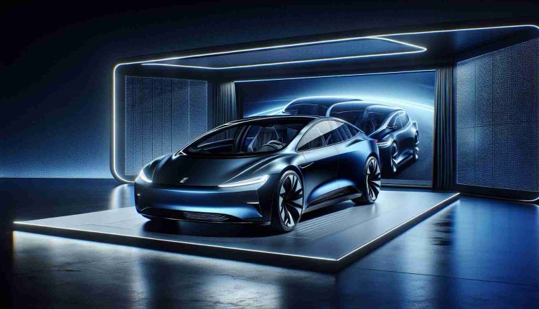 High-definition realistic image of a groundbreaking electric car model being unveiled, boasting innovative features. The model is sleek, sports an intense shade of midnight blue, has aerodynamic curves for reduced drag, and cutting-edge features include advanced autopilot capabilities, energy-efficient LED headlights, and a luxurious, technology-filled interior.