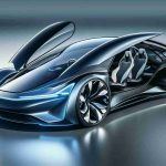 A highly detailed, high-definition image of an innovate, sleek and futuristic automobile design by a renowned electric vehicle manufacturing company, newly revealed and prepared to revolutionize the roadways.