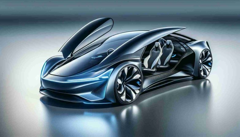 A highly detailed, high-definition image of an innovate, sleek and futuristic automobile design by a renowned electric vehicle manufacturing company, newly revealed and prepared to revolutionize the roadways.