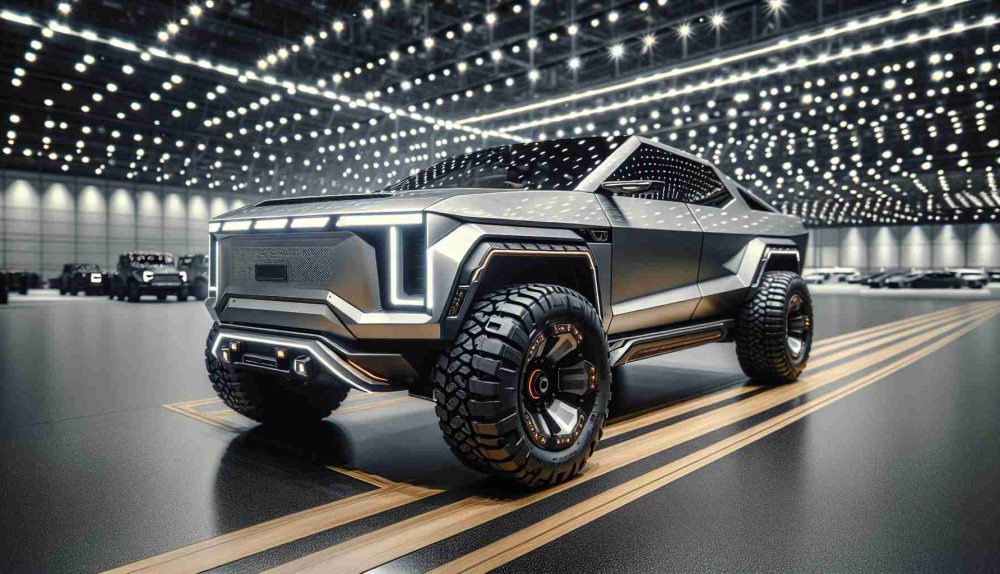 Detail oriented high-definition photo of a futuristic electric pickup truck, noted for its metal exterior, sharp lines, and unconventional design, showcasing recently introduced off-road accessories such as all-terrain tires, fortified front and rear bumpers, increased ground clearance, and high-powered auxiliary lights.