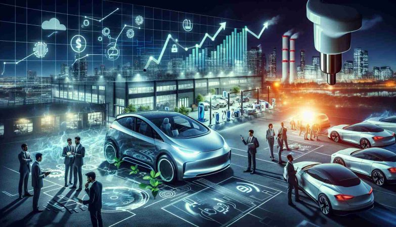 A high-definition, realistic image of a conceptual scene showing exciting developments for a generic electric car company. The picture could include elements such as concept sketches of innovative electric vehicles, engineers discussing plans, graph trends showing positive growth, the glow of a factory at night indicating relentless production, charging stations being installed in a cityscape, and a car showroom filled with sleek electric cars. News headlines like 'Promising Developments for Electric Car Company' can be included.