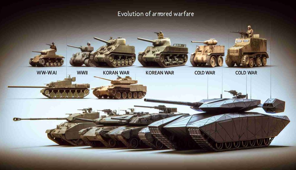 Generate a high-definition, realistic image representing the evolution of armored warfare. The scene should start on the left with a simplistic WWI-era tank and progress towards the right with tanks from WWII, Korean War, Cold War escalating in complexity. Lastly, on the far right, illustrate a futuristic concept of a combat vehicle, a sophisticated model that leverages advanced technology and invisibility cloaking, seen only in its shape, presenting a speculative view into future warfare.