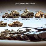 Generate a high-definition, realistic image representing the evolution of armored warfare. The scene should start on the left with a simplistic WWI-era tank and progress towards the right with tanks from WWII, Korean War, Cold War escalating in complexity. Lastly, on the far right, illustrate a futuristic concept of a combat vehicle, a sophisticated model that leverages advanced technology and invisibility cloaking, seen only in its shape, presenting a speculative view into future warfare.