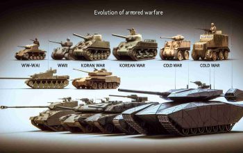 Generate a high-definition, realistic image representing the evolution of armored warfare. The scene should start on the left with a simplistic WWI-era tank and progress towards the right with tanks from WWII, Korean War, Cold War escalating in complexity. Lastly, on the far right, illustrate a futuristic concept of a combat vehicle, a sophisticated model that leverages advanced technology and invisibility cloaking, seen only in its shape, presenting a speculative view into future warfare.