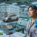 Generate an image displaying the concept of safety concerns related to electric vehicle innovation. This picture should illustrate an engineer, of East Asian descent and female gender, inspecting an innovative electric vehicle in a laboratory. The engineer is looking at the car's electrical system, showing mixed feelings of curiosity and concern. Display charts, diagrams, and testing tools around the scene and a headline running on the bottom of the image saying 'Electric Vehicle Innovation Sparks Safety Concerns'. The image should be in high definition and has a realistic look.