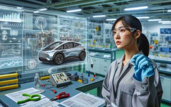 Generate an image displaying the concept of safety concerns related to electric vehicle innovation. This picture should illustrate an engineer, of East Asian descent and female gender, inspecting an innovative electric vehicle in a laboratory. The engineer is looking at the car's electrical system, showing mixed feelings of curiosity and concern. Display charts, diagrams, and testing tools around the scene and a headline running on the bottom of the image saying 'Electric Vehicle Innovation Sparks Safety Concerns'. The image should be in high definition and has a realistic look.