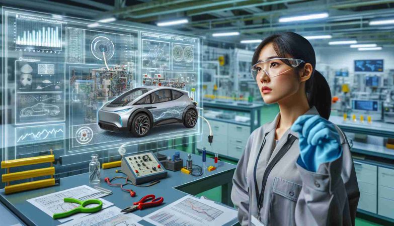 Generate an image displaying the concept of safety concerns related to electric vehicle innovation. This picture should illustrate an engineer, of East Asian descent and female gender, inspecting an innovative electric vehicle in a laboratory. The engineer is looking at the car's electrical system, showing mixed feelings of curiosity and concern. Display charts, diagrams, and testing tools around the scene and a headline running on the bottom of the image saying 'Electric Vehicle Innovation Sparks Safety Concerns'. The image should be in high definition and has a realistic look.