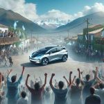 A realistic high-definition image illustrating the exhilarating arrival of electric automobiles with a focus on an unspecified popular electric vehicle brand in Argentina. Visualize cheering crowds and the local scenery as the backdrop, signalling a major shift in the country's automobile landscape.