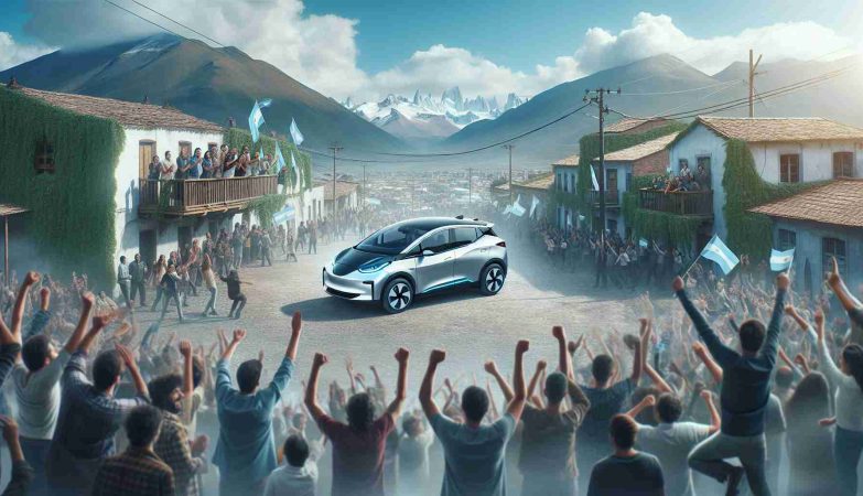 A realistic high-definition image illustrating the exhilarating arrival of electric automobiles with a focus on an unspecified popular electric vehicle brand in Argentina. Visualize cheering crowds and the local scenery as the backdrop, signalling a major shift in the country's automobile landscape.