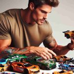 Realistic HD photo of a tall, muscular man adding a Cheetah Racer toy to his diverse collection