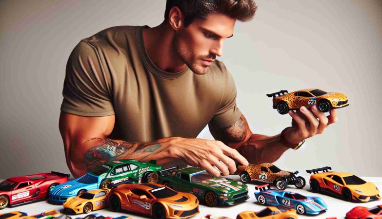 Realistic HD photo of a tall, muscular man adding a Cheetah Racer toy to his diverse collection