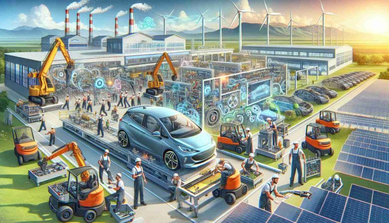 Generate a highly detailed image depicting the transformation of the automobile industry in Argentina. Visualization includes a dynamic scene with workers of diverse descents such as Hispanic, Caucasian, and South Asian, varying in gender, who are operating modern machinery to assemble electric cars. Additionally, make sure to incorporate symbols of green energy like solar panels and windmills being used to power the factories. Include the scenic backdrop of the Argentine landscape.