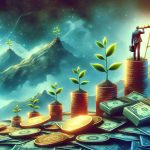 A very detailed, high-resolution image that vividly portrays the abstract concept of exploring new investment horizons. The scene should include a symbolic representation such as a person standing atop a mountain peak with a telescope, scanning the distant horizons. This could be paired with additional symbols of financial growth and investment, like sprouting plants sprouting out of gold coins and stacks of paper currency. The colors in the image should create a sense of optimism and adventure, representing the prosperous potential of exploring new investment opportunities.