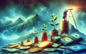 A very detailed, high-resolution image that vividly portrays the abstract concept of exploring new investment horizons. The scene should include a symbolic representation such as a person standing atop a mountain peak with a telescope, scanning the distant horizons. This could be paired with additional symbols of financial growth and investment, like sprouting plants sprouting out of gold coins and stacks of paper currency. The colors in the image should create a sense of optimism and adventure, representing the prosperous potential of exploring new investment opportunities.