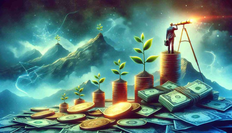 A very detailed, high-resolution image that vividly portrays the abstract concept of exploring new investment horizons. The scene should include a symbolic representation such as a person standing atop a mountain peak with a telescope, scanning the distant horizons. This could be paired with additional symbols of financial growth and investment, like sprouting plants sprouting out of gold coins and stacks of paper currency. The colors in the image should create a sense of optimism and adventure, representing the prosperous potential of exploring new investment opportunities.