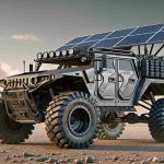 A realistic, high-definition image of a cutting-edge, eco-friendly all-terrain vehicle. This off-roader, dubbed the 'Solar Wrangler', harnesses the power of the sun for propulsion with large solar panels hinged on its roof. The body of the vehicle is robust, perhaps made of recycled metal, with big, chunky off-road tires. Beneath its rugged exterior lies state-of-the-art technology, indicative of a sustainable future where utilitarian vehicles do not contribute to environmental destruction. The backdrop signifies uncharted terrains, reinforcing its off-road prowess.