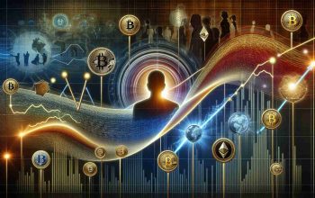 A detailed representation of a classic concept: the impact of influential persons on financial markets. It visualizes an abstract influence wave rippling out from a symbolic figure representing a public individual, towards various symbols of differing cryptocurrencies, such as Bitcoin, Ethereum, and others. Show the currencies reacting, some soaring, while others fall, reflecting the unpredictable nature of investments. All set in a business environment with dynamic lighting for a realistic effect.