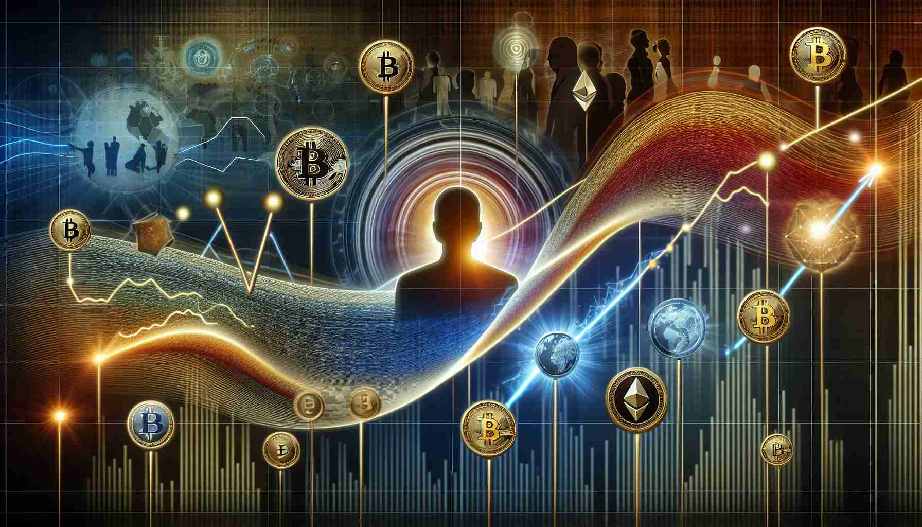 A detailed representation of a classic concept: the impact of influential persons on financial markets. It visualizes an abstract influence wave rippling out from a symbolic figure representing a public individual, towards various symbols of differing cryptocurrencies, such as Bitcoin, Ethereum, and others. Show the currencies reacting, some soaring, while others fall, reflecting the unpredictable nature of investments. All set in a business environment with dynamic lighting for a realistic effect.