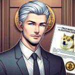 Illustration of a businessman with silver hair stylishly cut and blue eyes, showing an expression of relief while standing in a courtroom. He is elegantly dressed in a business suit. Next to him, there is a document stating 'Price Manipulation Allegations Dismissed' with an official-looking seal and a symbol of a Shiba Inu dog, representing the Dogecoin logo.