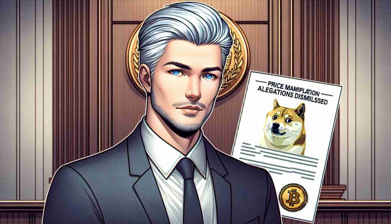 Illustration of a businessman with silver hair stylishly cut and blue eyes, showing an expression of relief while standing in a courtroom. He is elegantly dressed in a business suit. Next to him, there is a document stating 'Price Manipulation Allegations Dismissed' with an official-looking seal and a symbol of a Shiba Inu dog, representing the Dogecoin logo.