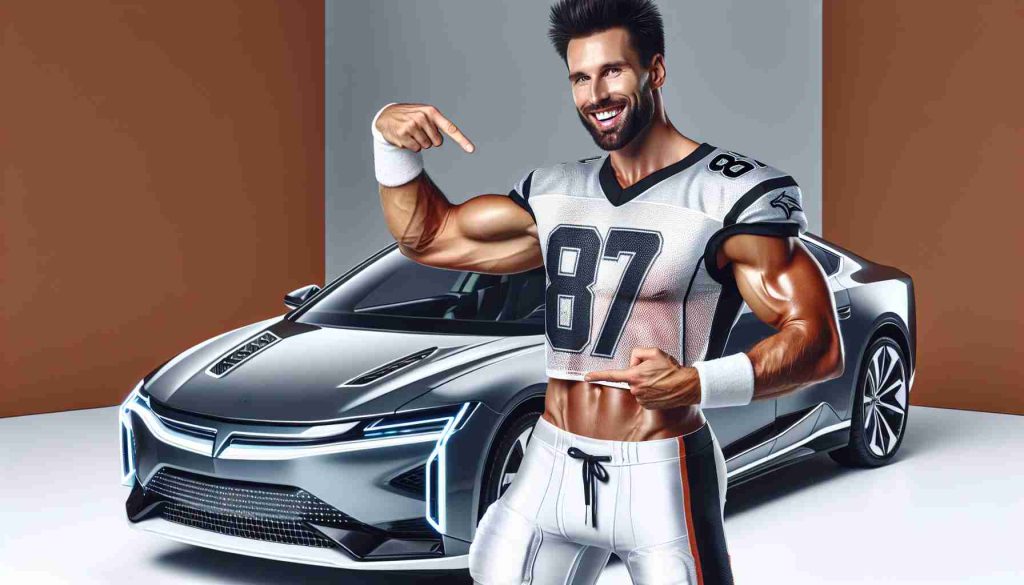 Realistic HD photo of a professional football player with a muscular physique and short hair, wearing their sports jersey with the number 87. They are enthusiastically pointing at the newest model of a luxury electric car, showcasing its sleek design and modern features.