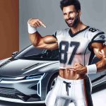 Realistic HD photo of a professional football player with a muscular physique and short hair, wearing their sports jersey with the number 87. They are enthusiastically pointing at the newest model of a luxury electric car, showcasing its sleek design and modern features.