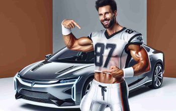 Realistic HD photo of a professional football player with a muscular physique and short hair, wearing their sports jersey with the number 87. They are enthusiastically pointing at the newest model of a luxury electric car, showcasing its sleek design and modern features.