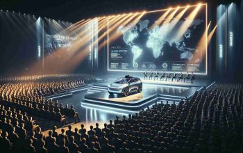 A detailed, high-definition image showcasing the unveiling event of groundbreaking self-driving technology by a renowned electric vehicle manufacturing company. The setting is epic, showing a large audience eager with anticipation. We see executives on an illuminated stage, revealing an advanced, sleek electric car equipped with autonomous features. Large screens on the backstage are depicting the highlights of the advanced self-driving mechanism. Note that the setting is large-scale, futuristic in design and carry a sense of awe inspiring innovation. To reflect on the global debut aspect, there's a massive world map backdrop showing pre-decided routes where the technology is set to be introduced.