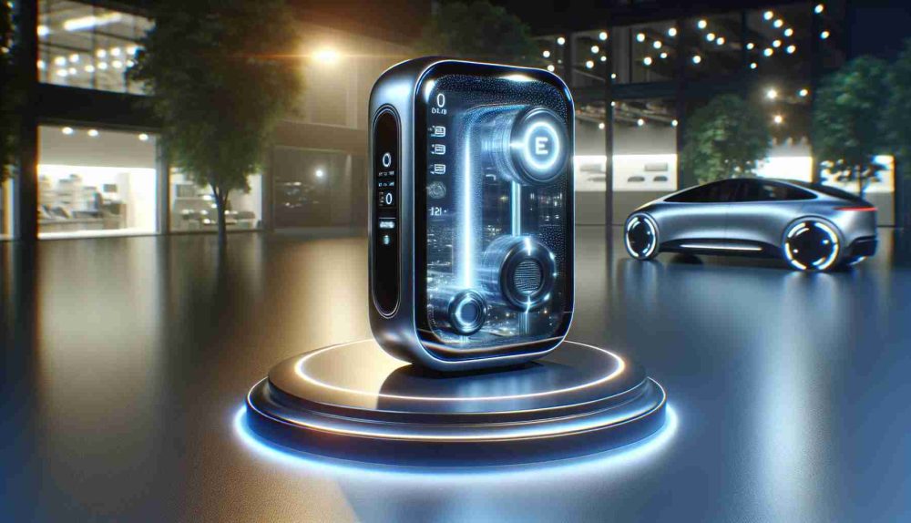 A lifelike, high-definition photograph depicting a groundbreaking new energy-efficient innovation from a major electric vehicle manufacturer. The image shows a sleek, futuristic device, with clear indications of its sustainable nature. There are emitting soft glows and displaying digital data to signify its advanced technology and effectiveness. The surrounding setting suggests its applicability in both domestic and commercial environments.