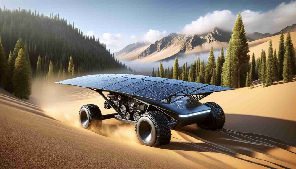 Realistically detailed high-definition illustration of a concept vehicle named the 'Solar Voyager'. The Solar Voyager is an innovative sustainable vehicle powered by solar energy. It is envisioned for traversing diverse terrains, smoothly cruising across sandy deserts, gliding through dense forests, and roaming along rocky mountains. Wherever it travels, it represents a journey beyond traditional boundaries, demonstrating a harmony between technology and nature.