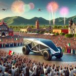 A high-definition, realistic image illustrating the grand arrival of a futuristic, geometrically unique electric truck in the vibrant landscapes of Mexico with spectators eagerly witnessing the event. The environment should be rich with Mexican cultural elements, such as the celebratory fireworks in the sky, traditional architectures in the background and the diverse crowd comprising of men and women of different descents such as Hispanic, Caucasian, Black and Middle-Eastern all expressing a sense of excitement and awe.