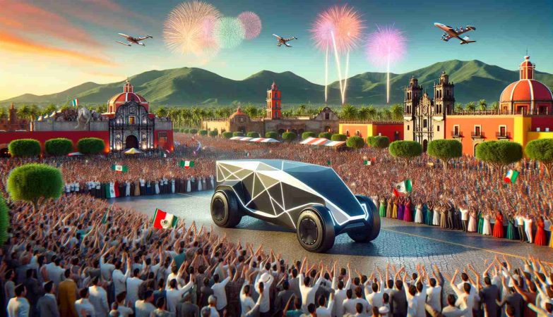 A high-definition, realistic image illustrating the grand arrival of a futuristic, geometrically unique electric truck in the vibrant landscapes of Mexico with spectators eagerly witnessing the event. The environment should be rich with Mexican cultural elements, such as the celebratory fireworks in the sky, traditional architectures in the background and the diverse crowd comprising of men and women of different descents such as Hispanic, Caucasian, Black and Middle-Eastern all expressing a sense of excitement and awe.