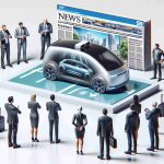 A high-definition, realistic image illustrating a situation where investors are disappointed following the presentation of a new autonomous vehicle. There should be a futuristic-looking autonomous car displayed in the center with people around it displaying expressions of disappointment. News headlines in the background should hint at the disappointment after the autonomous vehicle reveal, without mentioning any specific company or brand.