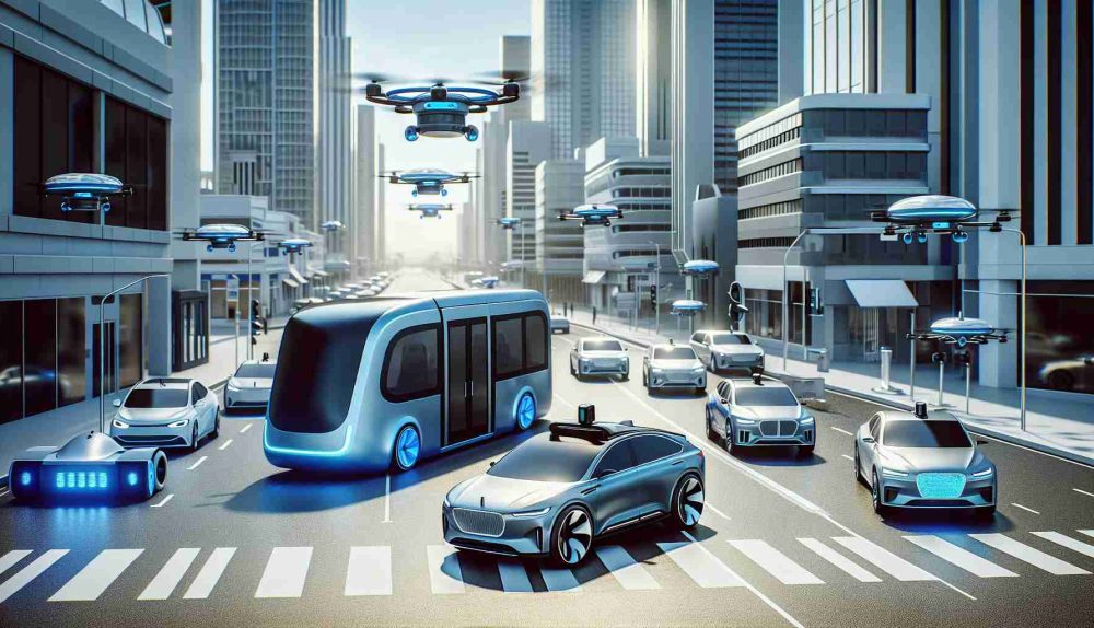 A high-definition, realistic representation of the future of autonomous transportation. Please depict a diverse range of autonomous vehicles that go beyond the models by one well-known electric car company. Include various forms of transport such as self-driving cars, buses, and trucks, alongside more innovative forms like autonomous drones and delivery bots. Set the scene in a futuristic cityscape, showing the co-existence of these different types of self-driving transport within an urban environment.