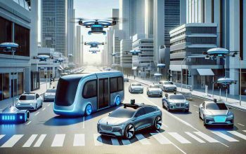 A high-definition, realistic representation of the future of autonomous transportation. Please depict a diverse range of autonomous vehicles that go beyond the models by one well-known electric car company. Include various forms of transport such as self-driving cars, buses, and trucks, alongside more innovative forms like autonomous drones and delivery bots. Set the scene in a futuristic cityscape, showing the co-existence of these different types of self-driving transport within an urban environment.