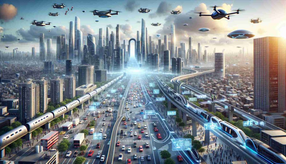 Generate a detailed, high-definition image that portrays the concept of revolutionizing transport with cutting-edge technology. Picture a bustling futuristic cityscape where advanced technologies are paving the way for a radical transformation in mobility. In the foreground, envision automated electric cars navigating smoothly through clean, organized streets, while overhead, there are unmanned drones ferrying goods and cargo across the sky. Hyperloop trains tear across the city's outskirts at bullet speeds, and floating holographic signs point out various destinations. The city is filled with an array of people of different genders and descents - Caucasian, Middle-Eastern, Black, Hispanic, South-Asian, and others, all benefiting from this technological innovation.