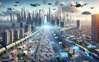 Generate a detailed, high-definition image that portrays the concept of revolutionizing transport with cutting-edge technology. Picture a bustling futuristic cityscape where advanced technologies are paving the way for a radical transformation in mobility. In the foreground, envision automated electric cars navigating smoothly through clean, organized streets, while overhead, there are unmanned drones ferrying goods and cargo across the sky. Hyperloop trains tear across the city's outskirts at bullet speeds, and floating holographic signs point out various destinations. The city is filled with an array of people of different genders and descents - Caucasian, Middle-Eastern, Black, Hispanic, South-Asian, and others, all benefiting from this technological innovation.