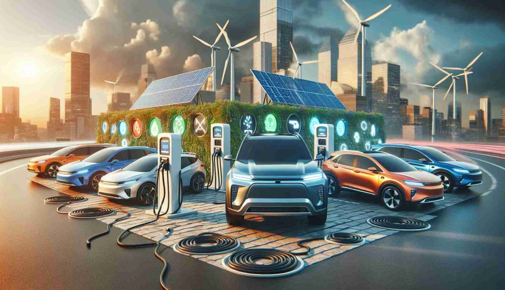 Generate a realistic high-definition image of a scene representing eco-friendly innovations impacting the SUV market significantly. In the scene, prominently showcase hybrid or electric SUVs, charging stations, solar panels, and windmills. The vehicles should be shown in vibrant colors, demonstrating their strong appeal in the auto market. Make the background urban in nature, reflecting the increasing adoption of these eco-friendly SUVs in city environments.