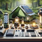 An in-depth high-definition image showcasing a collection of inventive camping gear for outdoor adventures. The scene includes an easy-to-assemble tent with an eco-friendly design, a compact, solar-powered lantern, a lightweight yet durable sleeping bag with thermal control, a portable, foldable cooking stove, and a water purifying gadget. Additionally visualize a multi-tool specially made for camping, integrated with a knife, spoon, fork, and can opener. All items are neatly arranged in a setting that suggests preparations for a camping trip, with lush green forest surrounding the scene.