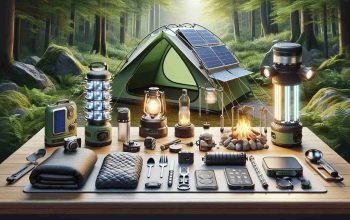 An in-depth high-definition image showcasing a collection of inventive camping gear for outdoor adventures. The scene includes an easy-to-assemble tent with an eco-friendly design, a compact, solar-powered lantern, a lightweight yet durable sleeping bag with thermal control, a portable, foldable cooking stove, and a water purifying gadget. Additionally visualize a multi-tool specially made for camping, integrated with a knife, spoon, fork, and can opener. All items are neatly arranged in a setting that suggests preparations for a camping trip, with lush green forest surrounding the scene.