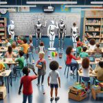 An HD illustration portraying how education is revolutionized through robotic innovation. A bustling, modern classroom filled with schoolchildren coming from different ethnic backgrounds such as Hispanic, Caucasian, and Black. In the room, humanoid robots with sleek metal bodies with minimalistic designs are interacting with the students, teaching a lesson on a digital blackboard, reading books, and assisting children with various educational tasks. A few students are joyfully tinkering with miniature robot models, exploring their insides. The environment should be lively, reflective of engagement and learning, and filled with the harmonious blend of cutting-edge technology and traditional education.