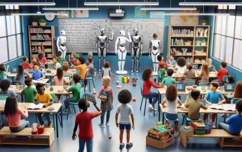 An HD illustration portraying how education is revolutionized through robotic innovation. A bustling, modern classroom filled with schoolchildren coming from different ethnic backgrounds such as Hispanic, Caucasian, and Black. In the room, humanoid robots with sleek metal bodies with minimalistic designs are interacting with the students, teaching a lesson on a digital blackboard, reading books, and assisting children with various educational tasks. A few students are joyfully tinkering with miniature robot models, exploring their insides. The environment should be lively, reflective of engagement and learning, and filled with the harmonious blend of cutting-edge technology and traditional education.