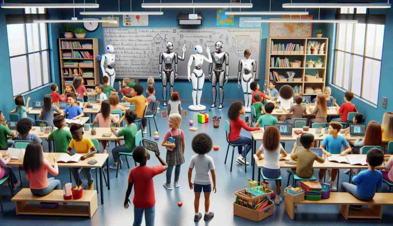 An HD illustration portraying how education is revolutionized through robotic innovation. A bustling, modern classroom filled with schoolchildren coming from different ethnic backgrounds such as Hispanic, Caucasian, and Black. In the room, humanoid robots with sleek metal bodies with minimalistic designs are interacting with the students, teaching a lesson on a digital blackboard, reading books, and assisting children with various educational tasks. A few students are joyfully tinkering with miniature robot models, exploring their insides. The environment should be lively, reflective of engagement and learning, and filled with the harmonious blend of cutting-edge technology and traditional education.