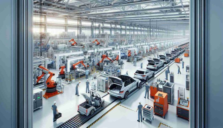 Render a detailed, high-definition image of a contemporary automobile production facility, where innovation is palpable. The facility is brimming with state-of-the-art machines, conveyor belts with in-progress vehicles, and automated robots working tirelessly. Workers of mixed genders and various descents are monitoring the processes, engaging in troubleshooting and fine-tuning the machinery when necessary. The atmosphere is light and humming with productivity, reflecting the relentless pursuit of progress in the automotive industry.