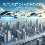 A high-definition, concept artwork demonstrating the plan of a major tech company to launch electric air taxis in major cities worldwide by 2025. The image should depict a futuristic cityscape with various electric air taxis flying among skyscrapers under a clean, blue sky. Each taxi should be sleekly designed for efficiency, emitting no smoke, and should be integrated with futuristic technology. A banner text across the bottom announces 'Futuristic Air Taxis Coming in 2025'.