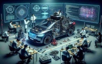 An HD photograph depicting a high-tech autonomous vehicle in critical examination. The scene includes a cutting-edge car with various sensors and cameras, surrounded by a group of technicians and automotive experts. They are rigorously checking its various components, studying and analyzing the advanced technology used in the vehicle's self-driving capabilities. Notebooks and high-tech tools are scattered across the scene. A large screen showing complex algorithms and lines of code is visible in the background, representing the advanced programming technology behind autonomous driving. The focus should be on the intricacy and scrutiny of the technology, rather than a specific company's product.