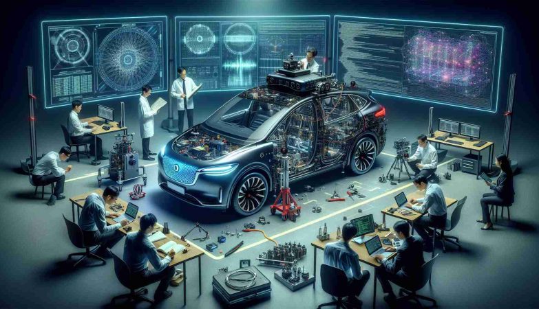 An HD photograph depicting a high-tech autonomous vehicle in critical examination. The scene includes a cutting-edge car with various sensors and cameras, surrounded by a group of technicians and automotive experts. They are rigorously checking its various components, studying and analyzing the advanced technology used in the vehicle's self-driving capabilities. Notebooks and high-tech tools are scattered across the scene. A large screen showing complex algorithms and lines of code is visible in the background, representing the advanced programming technology behind autonomous driving. The focus should be on the intricacy and scrutiny of the technology, rather than a specific company's product.