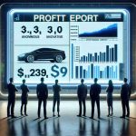 Generate a high-definition, realistic image of a profit report displayed on a sophisticated digital screen. The screen is showing the latest figures and statistics related to an anonymous innovative automobile company. Also, depict a small crowd of diverse investors around the screen, showcasing varied reactions such as surprise, dismay, satisfaction and thoughtful contemplation.