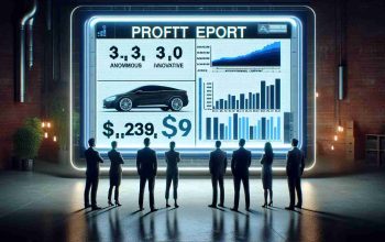 Generate a high-definition, realistic image of a profit report displayed on a sophisticated digital screen. The screen is showing the latest figures and statistics related to an anonymous innovative automobile company. Also, depict a small crowd of diverse investors around the screen, showcasing varied reactions such as surprise, dismay, satisfaction and thoughtful contemplation.